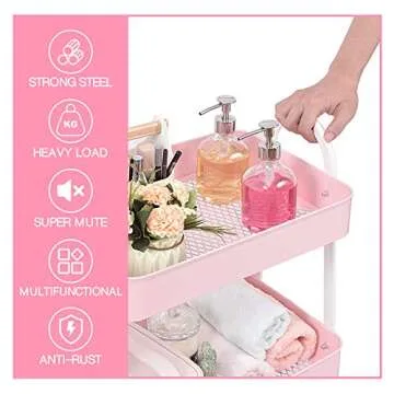 KINGRACK 3-Tier Metal Rolling Cart, Multi-Functional Storage Cart with Handle and Lockable Wheels, Utility Cart for Office, Bathroom, Kitchen, Pink