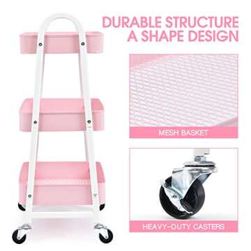 KINGRACK 3-Tier Metal Rolling Cart, Multi-Functional Storage Cart with Handle and Lockable Wheels, Utility Cart for Office, Bathroom, Kitchen, Pink