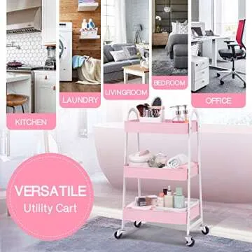 KINGRACK 3-Tier Metal Rolling Cart, Multi-Functional Storage Cart with Handle and Lockable Wheels, Utility Cart for Office, Bathroom, Kitchen, Pink