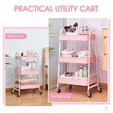 KINGRACK 3-Tier Metal Rolling Cart, Multi-Functional Storage Cart with Handle and Lockable Wheels, Utility Cart for Office, Bathroom, Kitchen, Pink