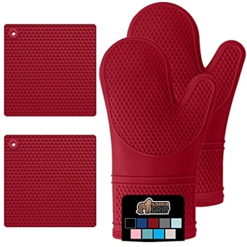Gorilla Grip Silicone Oven Mitts & Trivets Set - Red Cooking Gloves
