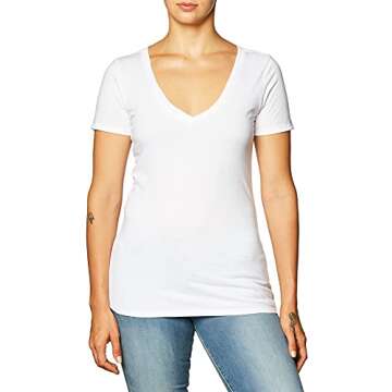 Clementine Apparel Women's Deep V Neck Tee, White, Small