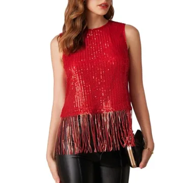 Captivating Fringe Sparkly Top for Women - Elegant Sleeveless Party Shirt