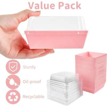 Kucoele 50 Pack Small Charcuterie Boxes with Clear Lids, 4 Inches Paper Bakery Boxes Dessert Boxes Disposable To Go Food Containers for Cookie, Cake Slice, Mini Cake, Chocolate Strawberry (Pink)