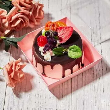 Kucoele 50 Pack Small Charcuterie Boxes with Clear Lids, 4 Inches Paper Bakery Boxes Dessert Boxes Disposable To Go Food Containers for Cookie, Cake Slice, Mini Cake, Chocolate Strawberry (Pink)