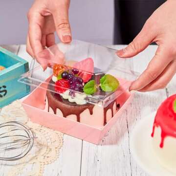 Kucoele 50 Pack Small Charcuterie Boxes with Clear Lids, 4 Inches Paper Bakery Boxes Dessert Boxes Disposable To Go Food Containers for Cookie, Cake Slice, Mini Cake, Chocolate Strawberry (Pink)