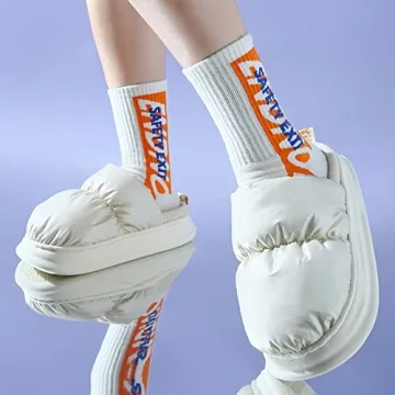 SRINBNIG House Slippers for Women Indoor Fluffy Memory Foam,Winter Warm Cozy Fuzzy Bedroom Shoes,Waterproof Puffy Down Slide Outdoor White 38/39