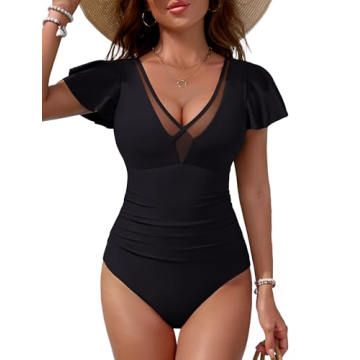 BMJL Women's Tummy Control Swimsuits Slimming Mesh Sheer Bathing Suit Ruffle V Neck One Piece Swimwe...