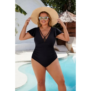 BMJL Women's Tummy Control Swimsuits Slimming Mesh Sheer Bathing Suit Ruffle V Neck One Piece Swimwear(Black,XXL