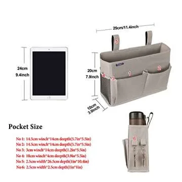 Surblue Bedside Caddy Hanging Bed Organizer Storage Bag Pocket for Bunk and Hospital Beds, College Dorm Rooms Baby Bed Rails,Camp 4 Pockets and 2 Hooks (Gray)