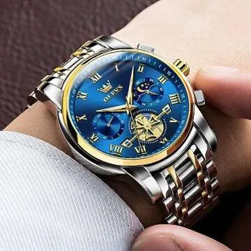 Gold and Blue Mens Watch Chronograph Two Tone Luxury Stainless Steel Multi-Function Big Face Watches...