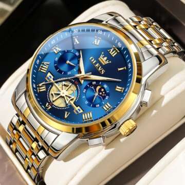 Gold and Blue Mens Watch Chronograph Two Tone Luxury Stainless Steel Multi-Function Big Face Watches for Men Tourbillon Waterproof Dress Quartz Analog Men's Wrist Watch Reloj De Hombre