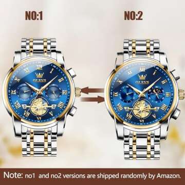 Gold and Blue Mens Watch Chronograph Two Tone Luxury Stainless Steel Multi-Function Big Face Watches for Men Tourbillon Waterproof Dress Quartz Analog Men's Wrist Watch Reloj De Hombre