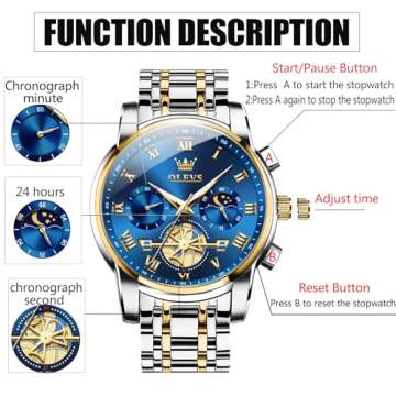 Gold and Blue Mens Watch Chronograph Two Tone Luxury Stainless Steel Multi-Function Big Face Watches for Men Tourbillon Waterproof Dress Quartz Analog Men's Wrist Watch Reloj De Hombre