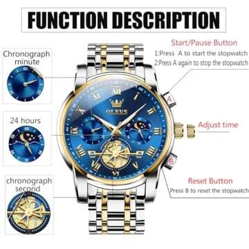 Gold and Blue Mens Watch Chronograph Two Tone Luxury Stainless Steel Multi-Function Big Face Watches for Men Tourbillon Waterproof Dress Quartz Analog Men's Wrist Watch Reloj De Hombre