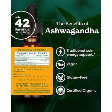 Herb Pharm Certified Organic Ashwagandha Extract for Energy and Vitality, Grain, Organic Cane Alcohol, 1 Ounce