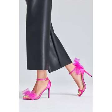 Coutgo Women's Bow Heels Open Toe Stiletto Heels One Strap Bridal Wedding Asymmetric Non-Removable Bow Knot Heeled Sandals, Hot Pink, Size 9.5
