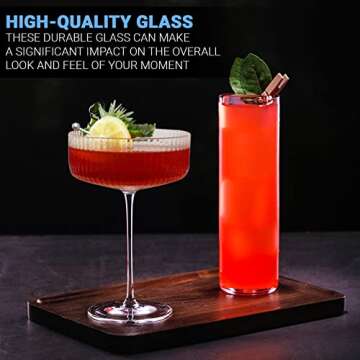 Ribbed Coupe Glasses w stems(10oz each) aesthetic glassware: Upgrade lemon drop martini mix, expresso martini, Aperol spritz & more. Drinking set of 4 w/ 4 stainless steel garnish picks