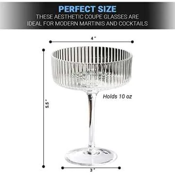 Ribbed Coupe Glasses w stems(10oz each) aesthetic glassware: Upgrade lemon drop martini mix, expresso martini, Aperol spritz & more. Drinking set of 4 w/ 4 stainless steel garnish picks