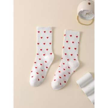 SHENHE Women's Embroidered Patterned Cute Crew Socks Breathable Soft Above Ankle Socks Red Heart Whi...