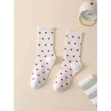 SHENHE Women's Embroidered Patterned Cute Crew Socks Breathable Soft Above Ankle Socks Red Heart Whi...