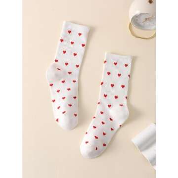 SHENHE Women's Embroidered Patterned Cute Crew Socks Breathable Soft Above Ankle Socks Red Heart White One-Size