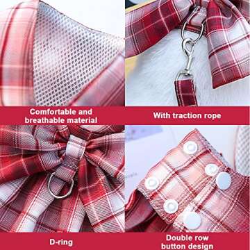 DaFuEn Dog Dress Harnesses for Small Dogs Girl Puppy Cat Bunny Rabbit Clothes Outfit Plaid Pet Cat Apparel Bow Doggy Dresses with Leash Set for Chihuahua Yorkie (Medium, Red)