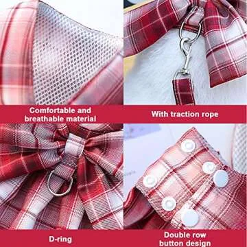 DaFuEn Dog Dress Harnesses for Small Dogs Girl Puppy Cat Bunny Rabbit Clothes Outfit Plaid Pet Cat Apparel Bow Doggy Dresses with Leash Set for Chihuahua Yorkie (Medium, Red)
