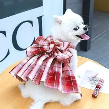 DaFuEn Dog Dress Harnesses for Small Dogs Girl Puppy Cat Bunny Rabbit Clothes Outfit Plaid Pet Cat Apparel Bow Doggy Dresses with Leash Set for Chihuahua Yorkie (Medium, Red)