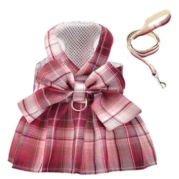 DaFuEn Dog Dress Harnesses for Small Dogs Girl Puppy Cat Bunny Rabbit Clothes Outfit Plaid Pet Cat Apparel Bow Doggy Dresses with Leash Set for Chihuahua Yorkie (Medium, Red)