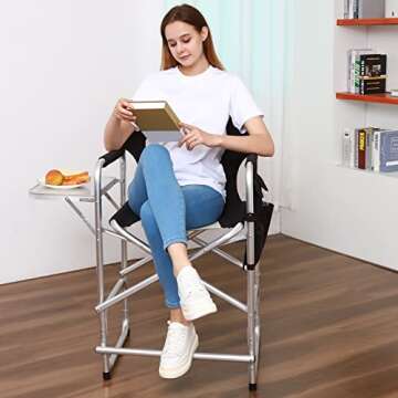 JSHANMEI Tall Directors Chair Makeup Artist Chair Foldable Camping Chairs with Side Table and Footrest, Portable Folding Directors Chairs Aluminum Frame Support 300lbs Seat Height 24"