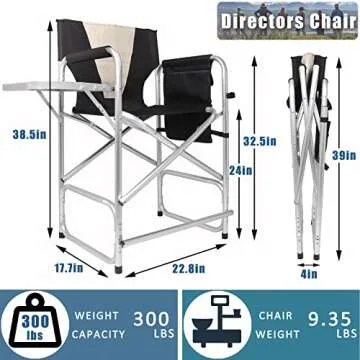 JSHANMEI Tall Directors Chair Makeup Artist Chair Foldable Camping Chairs with Side Table and Footrest, Portable Folding Directors Chairs Aluminum Frame Support 300lbs Seat Height 24"