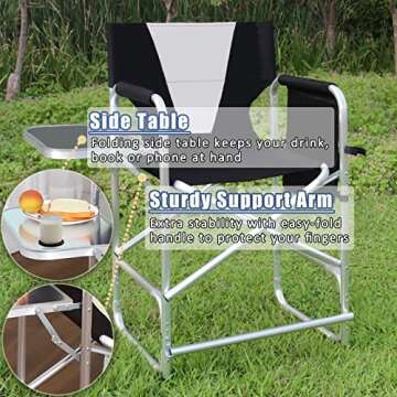 JSHANMEI Tall Directors Chair Makeup Artist Chair Foldable Camping Chairs with Side Table and Footrest, Portable Folding Directors Chairs Aluminum Frame Support 300lbs Seat Height 24"