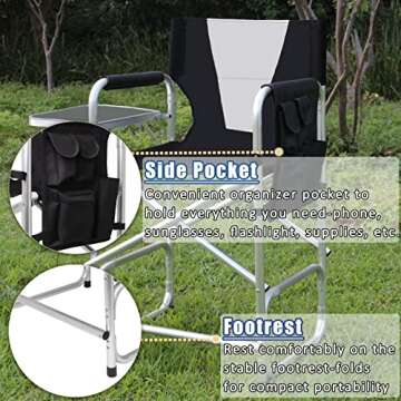 JSHANMEI Tall Directors Chair Makeup Artist Chair Foldable Camping Chairs with Side Table and Footrest, Portable Folding Directors Chairs Aluminum Frame Support 300lbs Seat Height 24"