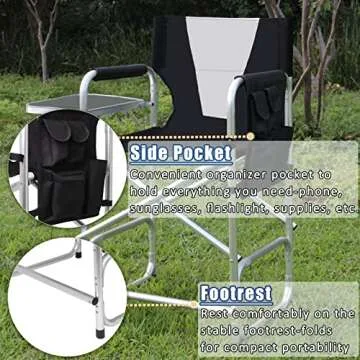 JSHANMEI Tall Directors Chair Makeup Artist Chair Foldable Camping Chairs with Side Table and Footrest, Portable Folding Directors Chairs Aluminum Frame Support 300lbs Seat Height 24"