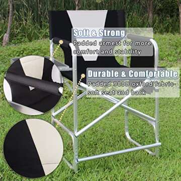 JSHANMEI Tall Directors Chair Makeup Artist Chair Foldable Camping Chairs with Side Table and Footrest, Portable Folding Directors Chairs Aluminum Frame Support 300lbs Seat Height 24"