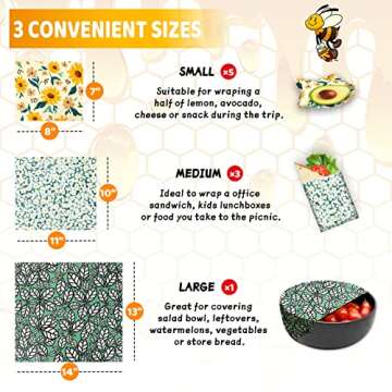 Beeswax Wrap, 9 Pack Beeswax Wraps for Food Storage, Organic, Sustainable, Beeswax Food Wraps, Zero Waste Reusable Food Wrap Beeswax Paper 1L, 3M, 5S Plants Pattern Sandwich Wrappers