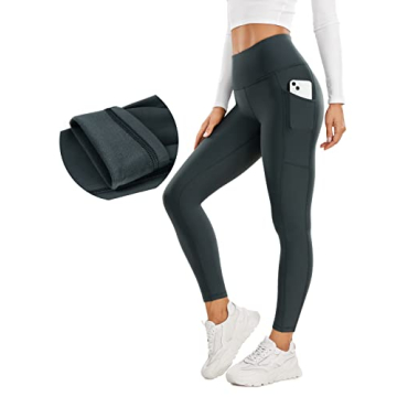 CRZ YOGA Thermal Fleece Lined Leggings - Black 25" High Waisted Winter Tights with Pockets for Ladie...