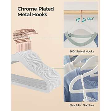 SONGMICS Baby Hangers 50 Pack, Kids Hangers for Closet, 11.8 x 8.1 Inches, Rose Gold 360° Swivel Hooks, Space-Saving Clothes Hangers, Velvet Hangers for Nursery, Non-Slip, Cloud White UCRF027W01