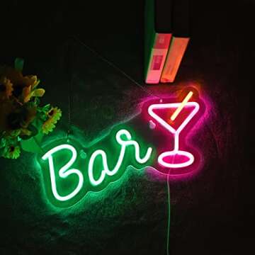 Roouneon Cocktails Neon Bar Sign Wall Decor LED Signs for Cool Light, Wall Art, Bedroom Decorations, Home Accessories, Party, and Holiday Decor(Green+Pink)