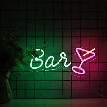 Roouneon Cocktails Neon Bar Sign Wall Decor LED Signs for Cool Light, Wall Art, Bedroom Decorations, Home Accessories, Party, and Holiday Decor(Green+Pink)
