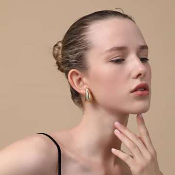 Apsvo Chunky Gold Hoop Earrings for Women, 2 Pairs Dupes Earrings Lightweight Waterdrop Hoops, Hypoallergenic Gold Plated Earrings Set Fashion Jewelry