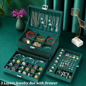 Stylish Green Velvet Jewelry Organizer - Lockable Box for Women