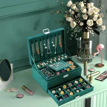 Elegant Green Velvet Jewelry Box with Lock for Women