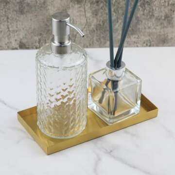 Freelove Sanding Gold Metal Vanity Tray Lettering, Perfume Organizer Jewelry Holder Makeup Dish Catchall Candle Plate Decorative for Dresser Counter Bathroom Desk Home Preppy Room Decor, 4''X8''