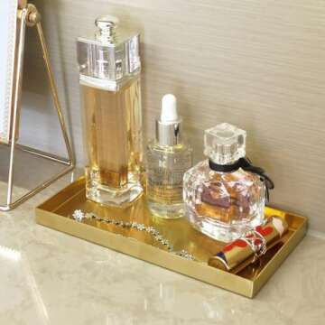 Freelove Sanding Gold Metal Vanity Tray Lettering, Perfume Organizer Jewelry Holder Makeup Dish Catchall Candle Plate Decorative for Dresser Counter Bathroom Desk Home Preppy Room Decor, 4''X8''