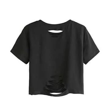 SweatyRocks Women's Short Sleeve Distressed Crop T-Shirt - Soft & Stretchy