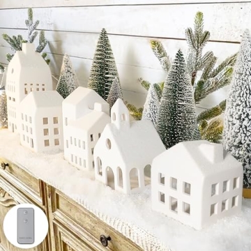 Enchanting White Ceramic Christmas Village Set with Remote Control & Trees
