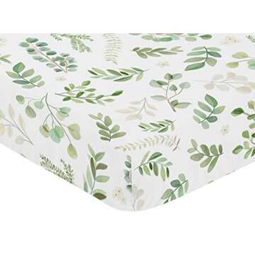 Sweet Jojo Designs Floral Leaf Girl Fitted Crib Sheet Baby or Toddler Bed Nursery - Green and White Boho Watercolor Botanical Woodland Tropical Garden
