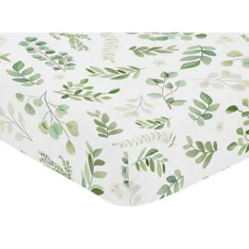 Sweet Jojo Designs Floral Leaf Girl Fitted Crib Sheet Baby or Toddler Bed Nursery - Green and White Boho Watercolor Botanical Woodland Tropical Garden
